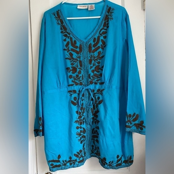 Veranéis Boho Embroidered V-Neck Long Sleeves Turquoise Pullover Tunic Size: 2X - Picture 2 of 10